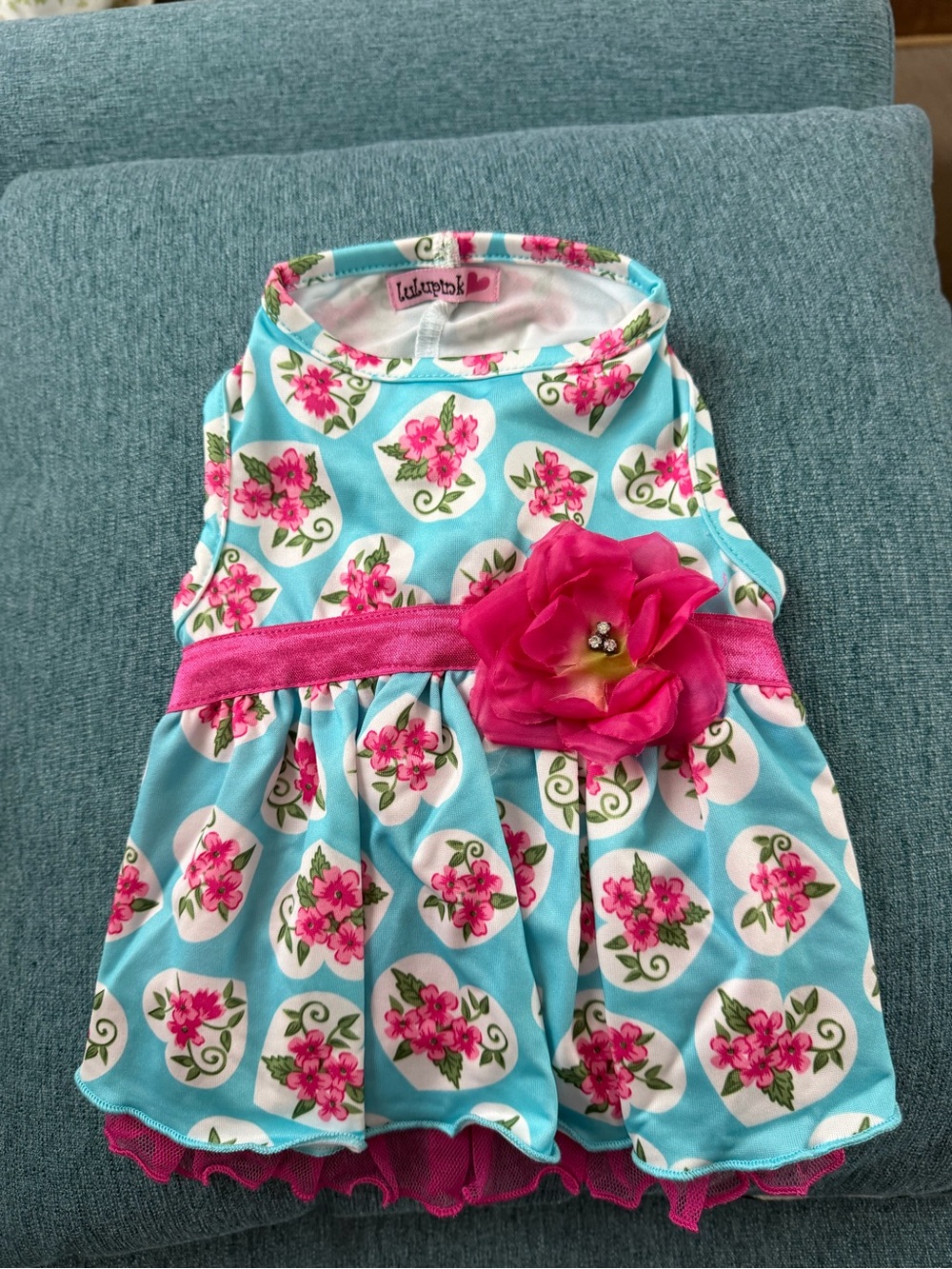 Lulupup Blue & Pink Floral Dog Dress with Flower Accent